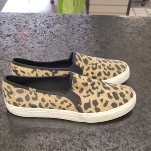 Keds Tan and Black Leopard Print Slip-On Sneakers